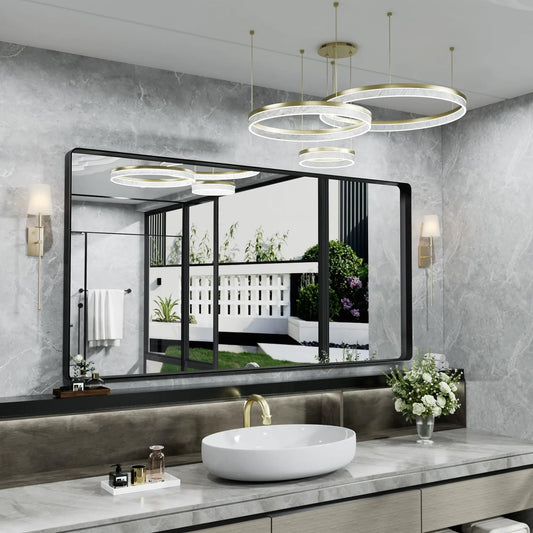 Hasipu Black Bathroom Mirror 41x21 Inch Rounded Rectangle Vanity Mirror Metal Framed Wall Mirrors Anti-Rust Surface Mount (Horizontal/Vertical)