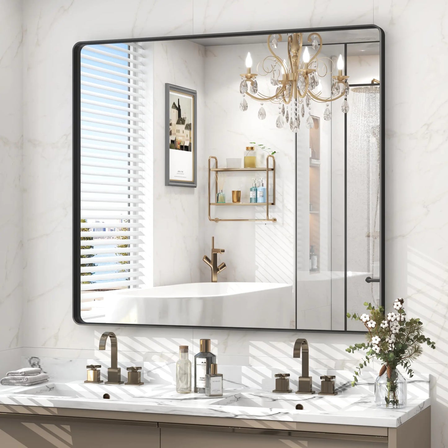 VANLIO 40x36 Inch Black Framed Bathroom Mirror for Wall Black Metal Framed Mirror Rounded Rectangle Bathroom Vanity Mirror Anti-Rust Shatterproof (Horizontal/Vertical)