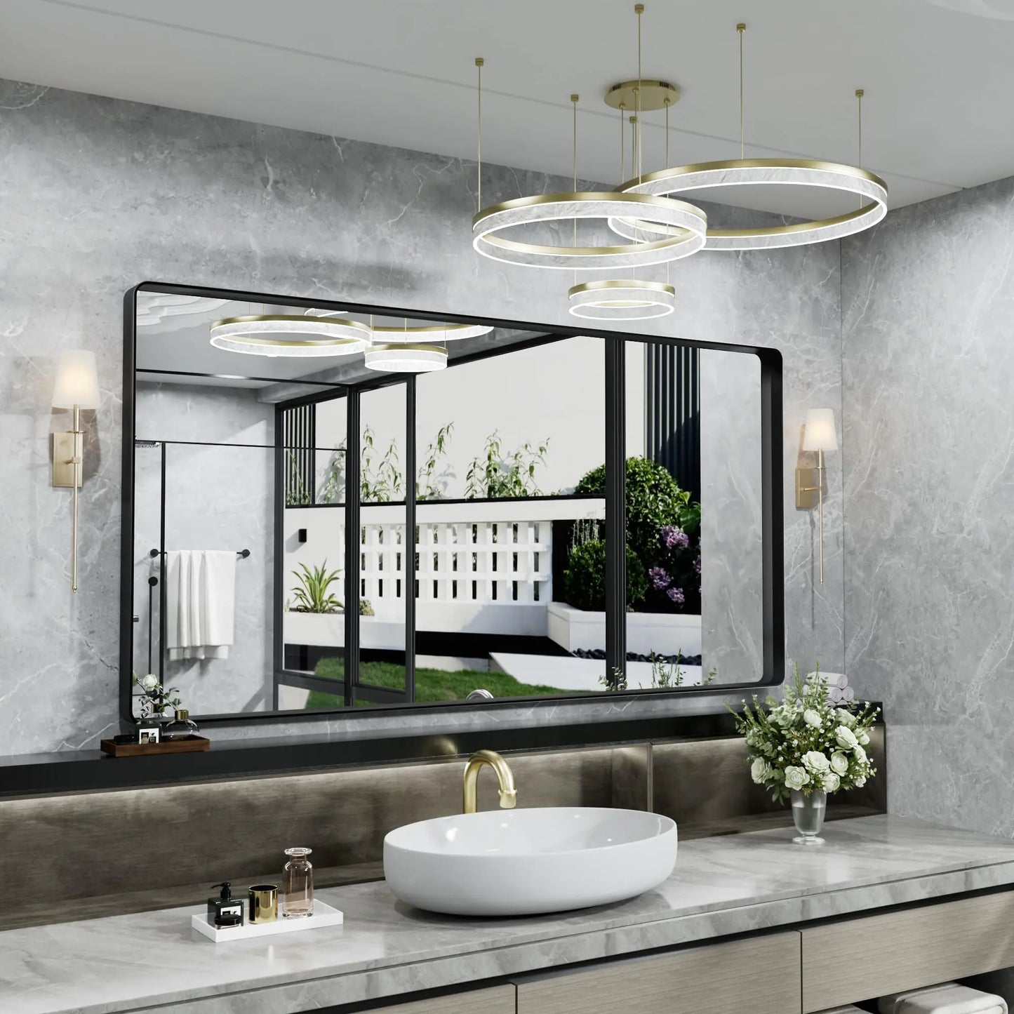 Hasipu Black Bathroom Mirror 41x21 Inch Rounded Rectangle Vanity Mirror Metal Framed Wall Mirrors Anti-Rust Surface Mount (Horizontal/Vertical)